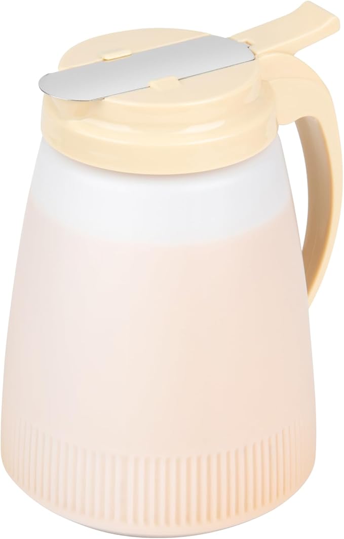 Restaurantware-Chef 101 48 Ounce All Purpose Syrup Dispenser, 1 Honey Dispenser - Beige Top, Stainless Steel Slide Cover, Plastic Pancake Syrup Bottle, Perfect For Diners, Restaurants, Home