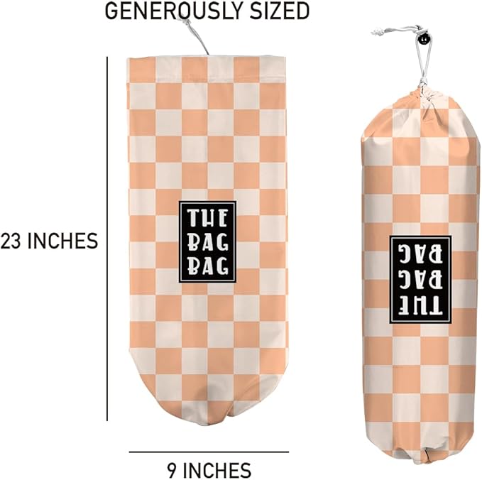 Plastic Bag Holder,Reusable And Washable Grocery Bag organizer,for Home Kitchen Travelling Camping Decor, use 1 Pack, Orange And White Checkerboard Pattern