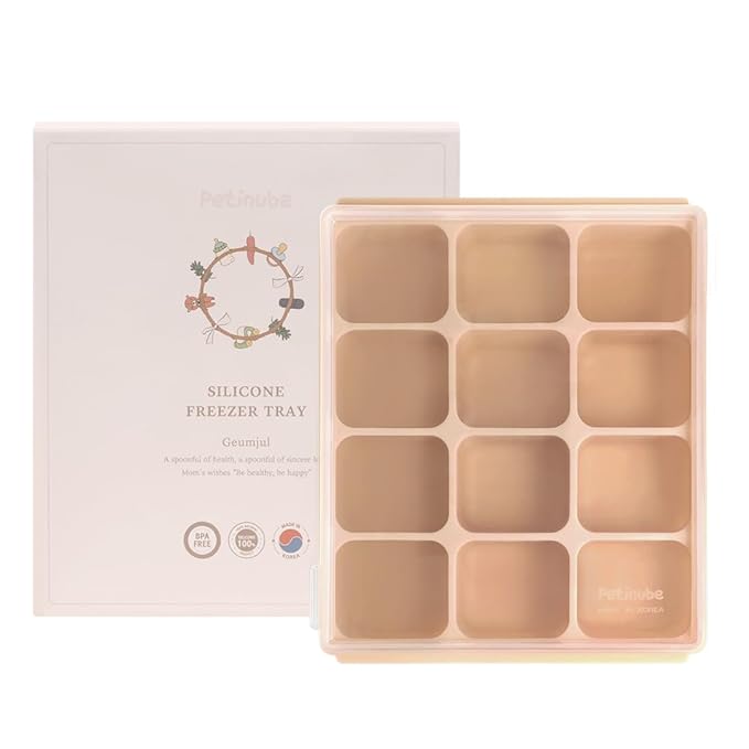 Baby Food Storage Silicone Cubes with Clip-On Lid Freezer Tray Baby Food Soups Purees Ice Safe Design Made in Korea (12cubes 1.5oz, Sand Beige Set OF2)