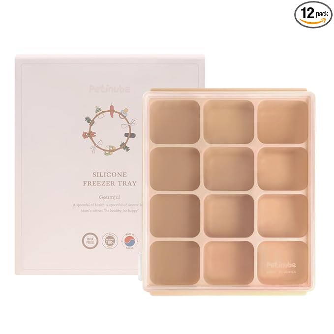 Baby Food Storage Silicone Cubes with Clip-On Lid Freezer Tray Baby Food Soups Purees Ice Easy and Safe Design Made in Korea(12 Sand Beige)