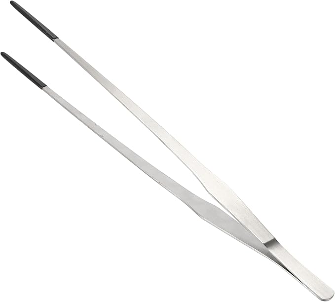 Reptile Stainless Steel Lizard Aquarium Straight Feeding Tweezers with Rubber Tip, Terrarium Feeding Tongs, 14.96" L, Black Silver Tone