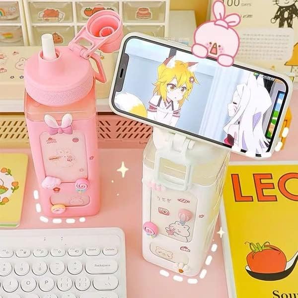 Kawaii Bear Pastel Water Bottle With 3D Sticker 700ml Plastic Travel Tea Juice Milk Portable Cute Shaker Drink Bottle Gift (White)