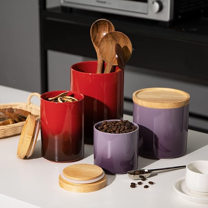 Sweejar Ceramic Food Storage Jar, Stackable Kitchen Canisters, Containers with Airtight Seal Wooden Lid for Serving Ground Coffee, Tea, Sugar, Salt and More - 16 Fl Oz (Gradient Purple)