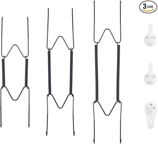 Bilillo 3-Piece Stainless Steel Wall Plate Hangers, 10/12/14 Inch Invisible Decorative Wire Plate Holders with 3 Pieces Wall Hooks for 8 to 16 Inch (Black)