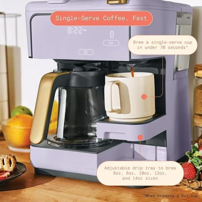 Beauti Multi Brew 12 Cup Programmable Drip & Single Serve Coffee Maker, Versatile Brewing (6oz, 8oz, 10oz, 12oz, 14oz), Pods or Ground, Over Ice option, Keep Warm mode (Lavender)