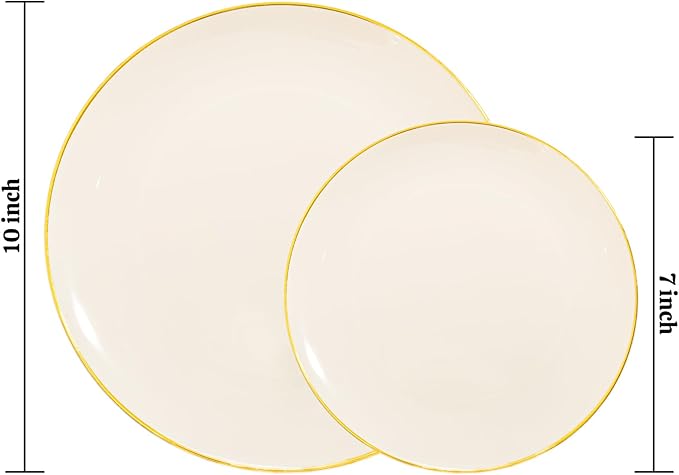 PULOTE 60 PCS Ivory Plastic Plates - Cream Plastic Disposable Include 30 Dinner and 30 Dessert Plates with Gold Rim - Ideal for Party & Wedding