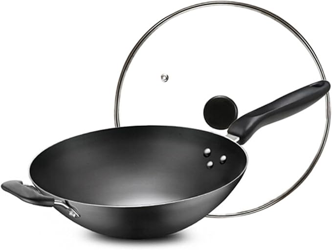 Carbon Steel Wok, Woks and Stir Fry Pans with Handle and Lid, Flat Bottom Chinese Stir Fry Wok, for Electric,Induction and Gas Stoves,Iron