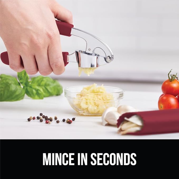 GORILLA GRIP Garlic Press and Peel Set, Heavy Duty Mincer Tool, Large Ergonomic Handle, Easily Mince and Crush Garlics, Ginger, Nuts, Seeds, Peeler Included, Peeling Cloves, Kitchen Gadgets, Red