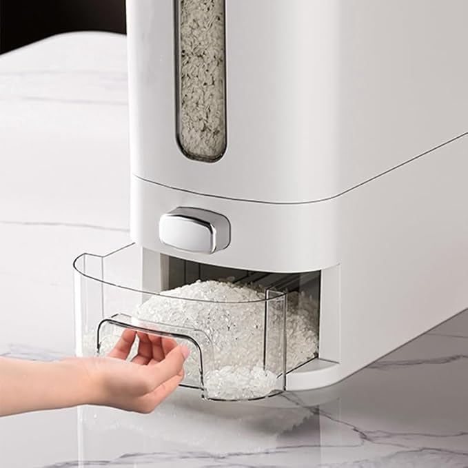 IEEK Rice Dispenser 12 Lbs,Large Cereal Dry Food Storage Containers Rice Storage Container Sealed Moisture Proof with Measuring Cup for Kitchen Pantry Household, White and Grey