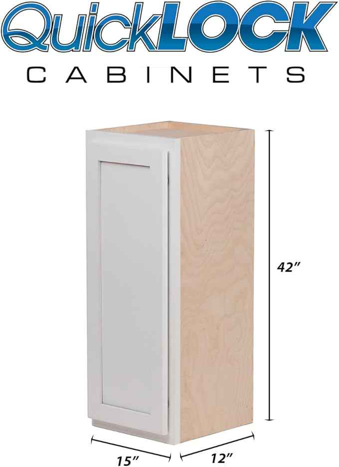 Quicklock RTA (Ready-to-Assemble) 42" Tall Wall Kitchen Cabinets - Shaker Style | 100% Hardwood | Made in America | Soft Close Hardware (Pure White, 12" D x 15" W x 42" H)