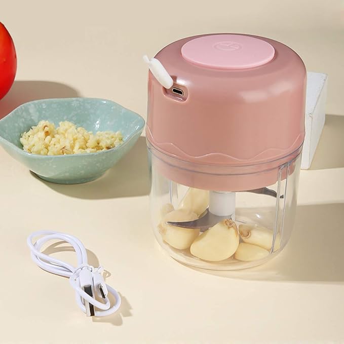 Electric Mini Food Chopper Portable Waterproof Small Garlic Press Chopper Blender Spice Grinder Mincer Processor with USB Charging for Pepper Ginger Onion Chili Pumpkin Veggies Nuts Meat 250ML (Pink)