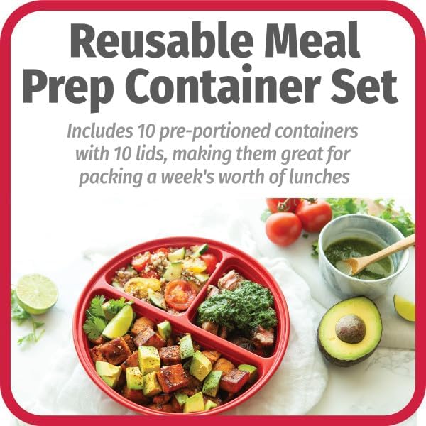 GoodCook Meal Prep Containers Set Microwave & Dishwasher-Safe Round Food Organizers with Labeled Compartments BPA-Free Food Storage Set with Snap Shut Lids Portion Control, 10-Pieces, Red (Pack of 4)