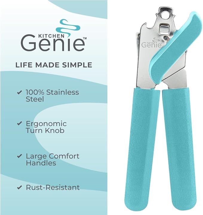 Kitchen Genie Heavy Duty Stainless Steel Manual Can Opener, Strong Blade for Smooth Edge Cuts, Open Cans Easily, Slip-Resistant Ergonomic Handle, Easy Turn Knob, Bottle Openers Included, Teal
