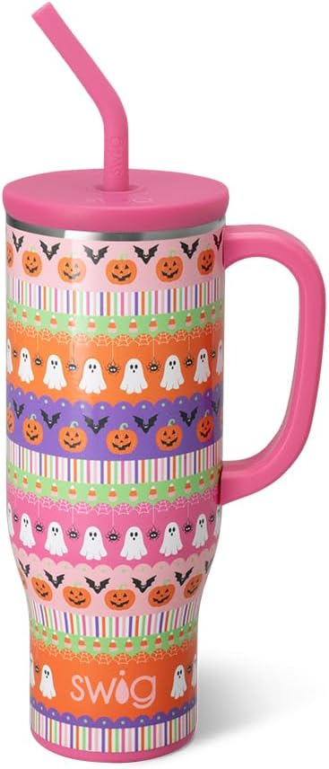 Swig Life 30oz Mega Mug, Halloween 30oz Tumbler with Handle and Straw, Large Insulated Tumblers, Cup Holder Friendly Travel Mug, Stainless Steel 30 oz Tumbler, Insulated Water Bottle (Trick or Treat)
