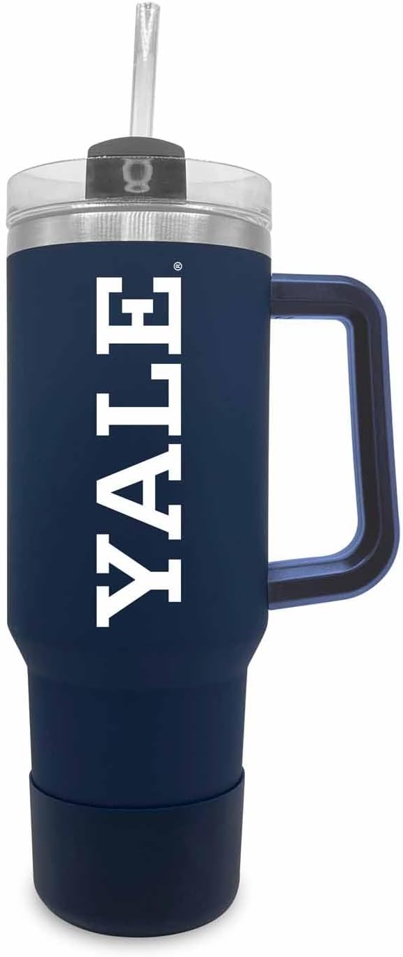 Campus Colors College & University 40 oz Travel Tumbler With Handle - Dual Option Lid With Straw - Vacuum Insulated Stainless Steel (Yale Bulldogs - Navy)