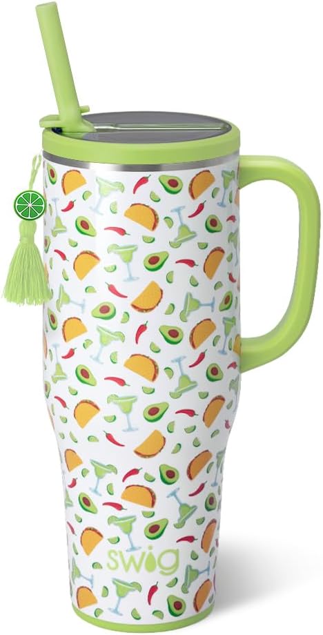 Swig Life 40oz Leak Proof Mega Mug, 40oz Leak Proof Tumbler with Handle and Straw, Extra Large Insulated Tumblers, Cup Holder Friendly Travel Mug, Reusable Leakproof Water Bottle (Taco Night)