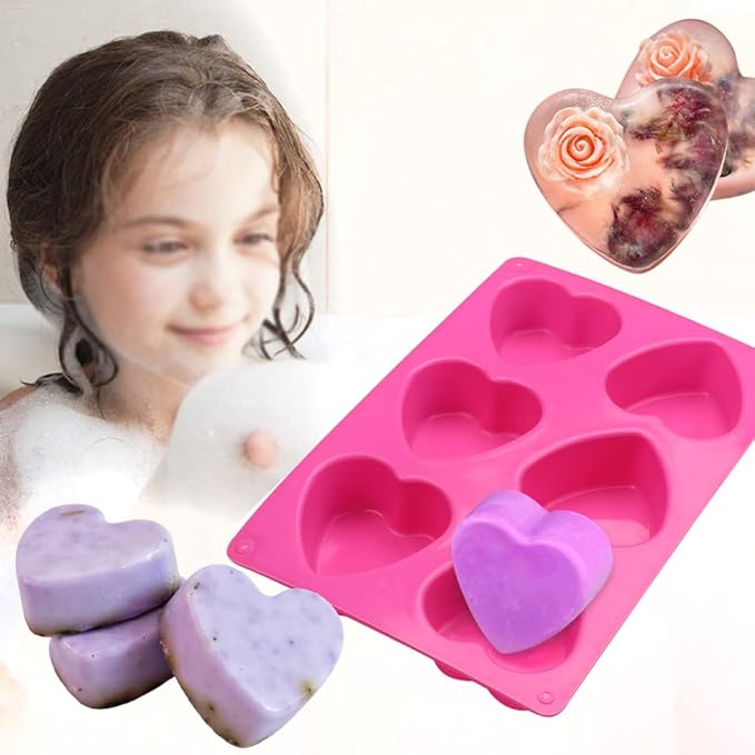 BAKER DEPOT 6 Holes Heart Shaped Silicone Mold For Chocolate Cake Jelly Pudding Handmade Soap Mould Candy Making Set of 2