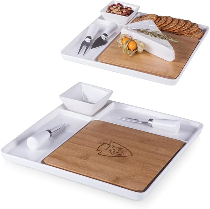 Picnic TIME NFL Peninsula Cutting Board & Serving Tray - Cheese Board - Charcuterie Board - Appetizer Plate, Bamboo & White Ceramic