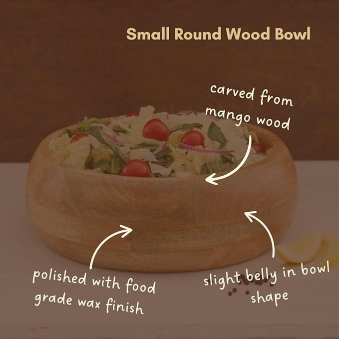 Small Salad Bowl, 11" Wide, Kitchen Countertop Fruit Bowl, Mixing, Serving, Farmhouse Style, Mango Wood, Round, Dining & Entertaining, Serves 2-3
