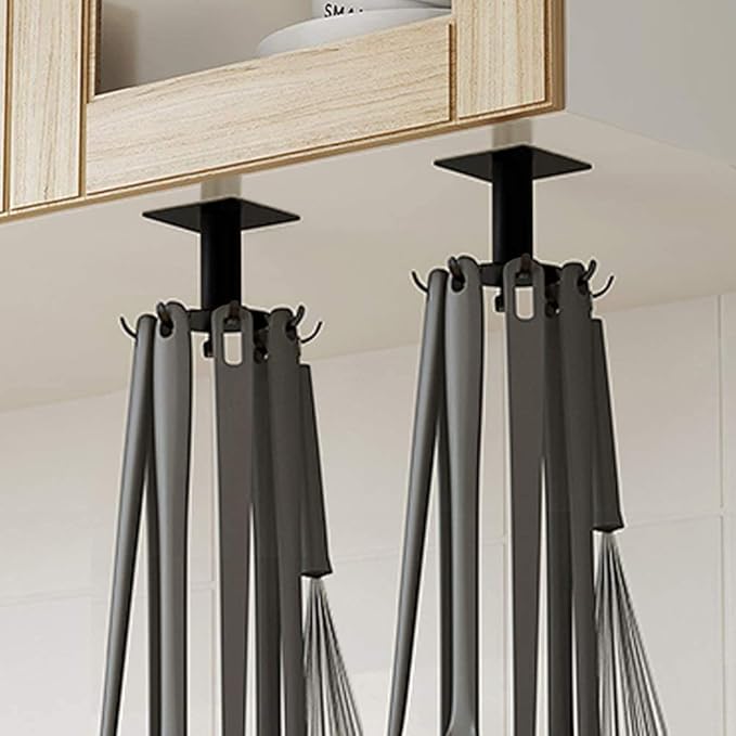 2 Pcs Under Cabinet Metal Utensil Hanger with 6 Rotatable Claws, Top and Wall Mounted Kitchen Lazy Susan for Utensils Rack Hooks Holder
