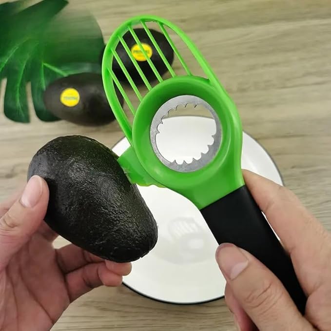 Avocado Slicer 3-in-1 Tool – Stainless Steel Cutter, Pitter, Corer with Non-Slip Grip Handle – Multifunctional Avocado Seed Remover Cutter for Fruit & Kitchen Use (Green Black)