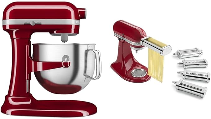 KitchenAid® 7 Quart Bowl-Lift Stand Mixer, Empire Red & KSMPDX Pasta Deluxe Set Stand Mixer Attachment, 5 Piece, Stainless Steel