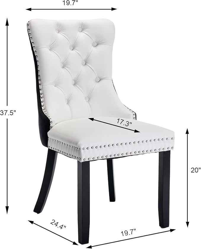 Dining Chairs Set of 2, Upholstered Dining Room Chairs with Back Ring Pull Trim and Solid Wood Legs, Modern Tufted Kitchen Chairs Perfect for Dining Room, White Pu Leather Splicing Black Velvet