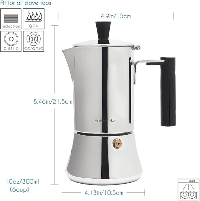 Easyworkz Pedro Stovetop Espresso Maker 6Cup 300ml, Bundled Espresso Steaming Pitcher Stainless Steel 20 oz Coffee Frothing Picther Milk Jug Cappuccino Latte Art Cup, Black