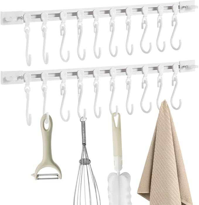 Multifunctional Slide Rail Hook,Kitchen Utensil Hanging Rack Wall Mounted Hanger,Space Saving Utensil Holder with 10 Hooks ,Sliding Track Hook No Drilling Hanger for Home Office (Length 40cm/2pcs)