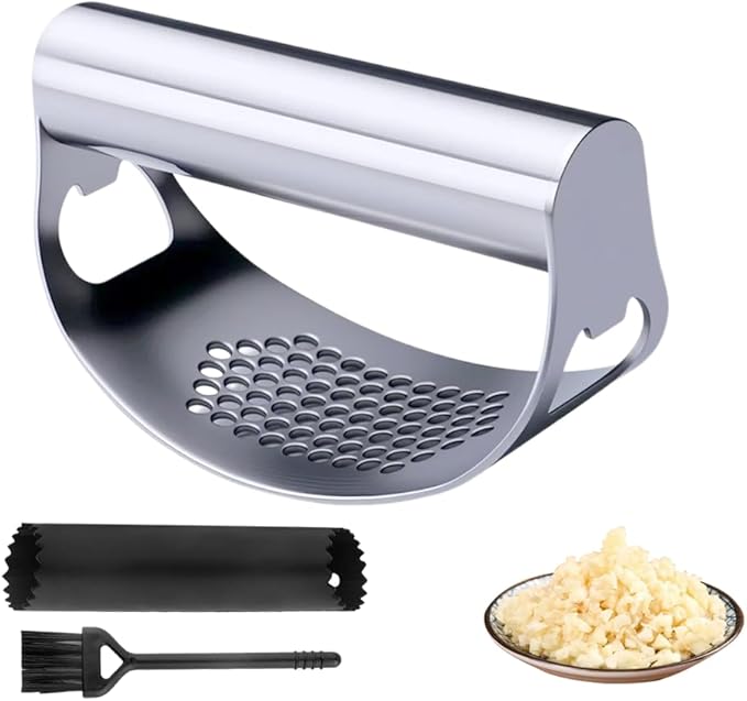Stainless Steel Garlic Presser, Upgrade Rocker Crusher Masher with Garlic Peeling, 2026 New Portable Manual Stainless Steel Garlic Press for Home Kitchen Utensils (1)