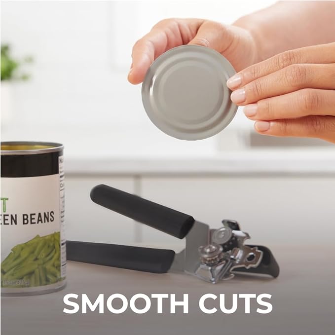 Kitchen Genie Slip Resistant Stainless Steel Manual Can Opener, Sharp Blade for Smooth Edge Cuts, Easily Open Cans, Ergonomic Handles with Easy to Turn Knob, Built-In Bottle Openers, Pitch Black