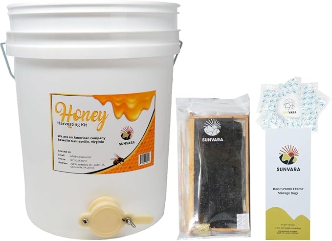 Bundle SunVara 5 Gallon White Honey Extractor Equipment Bucket Food-Grade PP 20L Capacity/SunVara Bee Storage Beehive Frame Honeycomb Resealable Bag Reusable Beekeeping Equipment 10 Bags