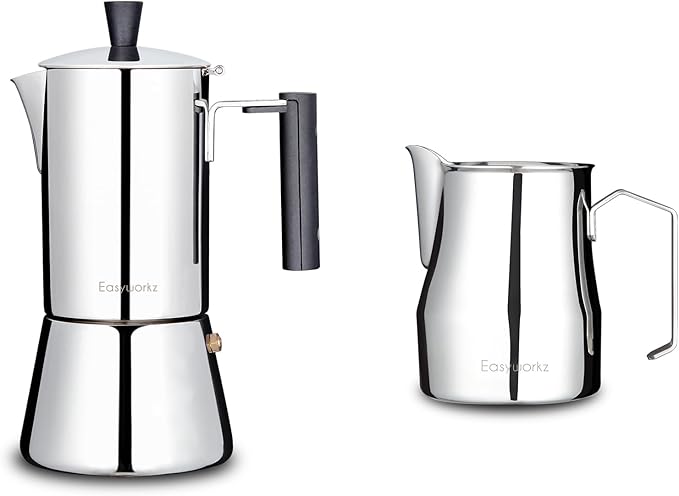 Easyworkz Pedro Stovetop Espresso Maker 4Cup 200ml, Bundled Espresso Steaming Pitcher Stainless Steel 12 oz Coffee Frothing Picther Milk Jug Cappuccino Latte Art Cup