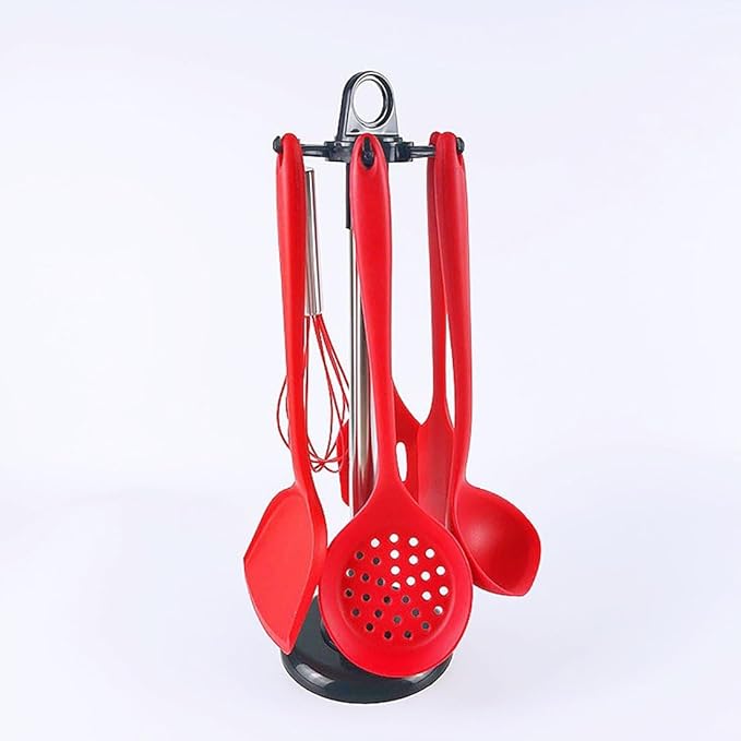 Kitchen Cooking Utensil Rack, 360 Degree Rotating Stainless Steel Kitchen Ware Organizer, Ware Storage Rack with 6 Hooks for Spatula Scoop Spoon, etc.