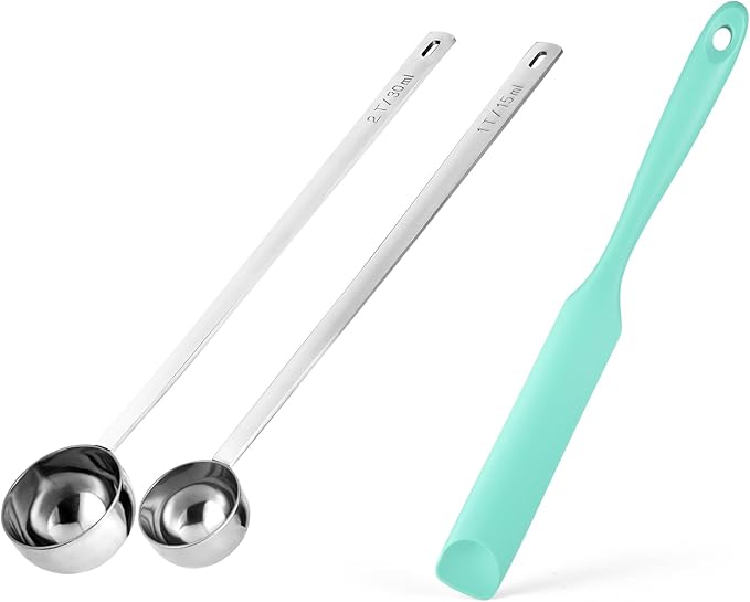 Doosu 18/8 Stainless Steel Food-Grade Measuring Coffee Scoop with 8.5in Long Handle (1 & 2 Tbsp) and 600°F Heat Resistant Silicone Jar Scraper Spatula (Aqua Sky)