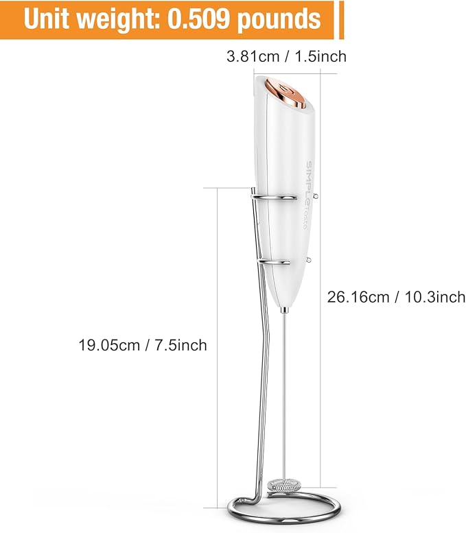 SIMPLETASTE Milk Frother Handheld Electric Foam Maker, Drink Mixer with Stainless Steel Whisk for Cappuccino, Bulletproof Coffee, Latte, White, with Stand, Battery Operated