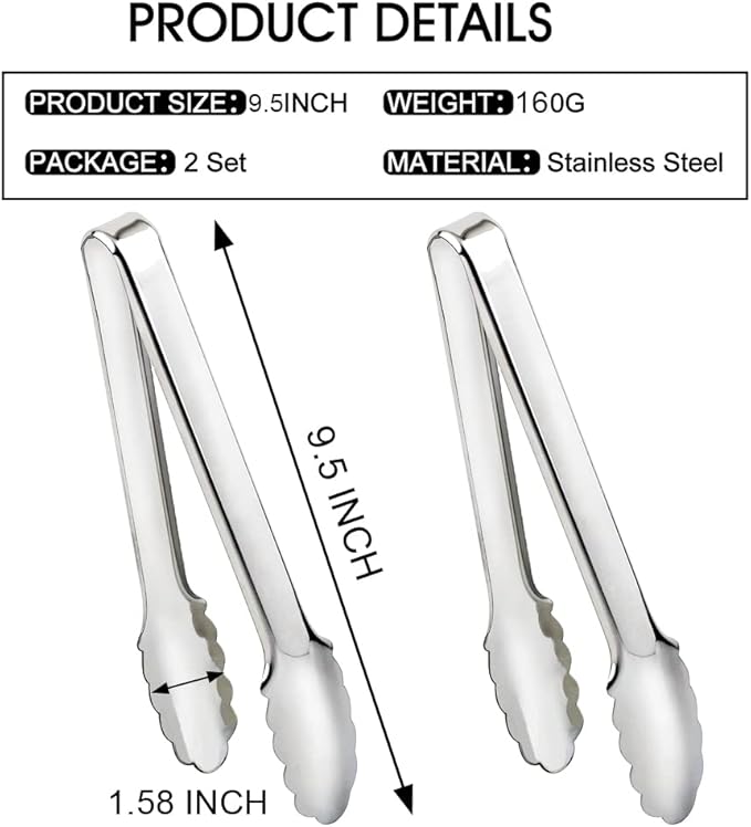 2 Pack Serving Tongs Serving Utensils Salad Tongs Metal Buffet Tongs Non-slip & Easy Grip Stainless Steel Plated Buffet Serving Tongs, Salad, Ice, Oven (9.5 Inch) (Silver)