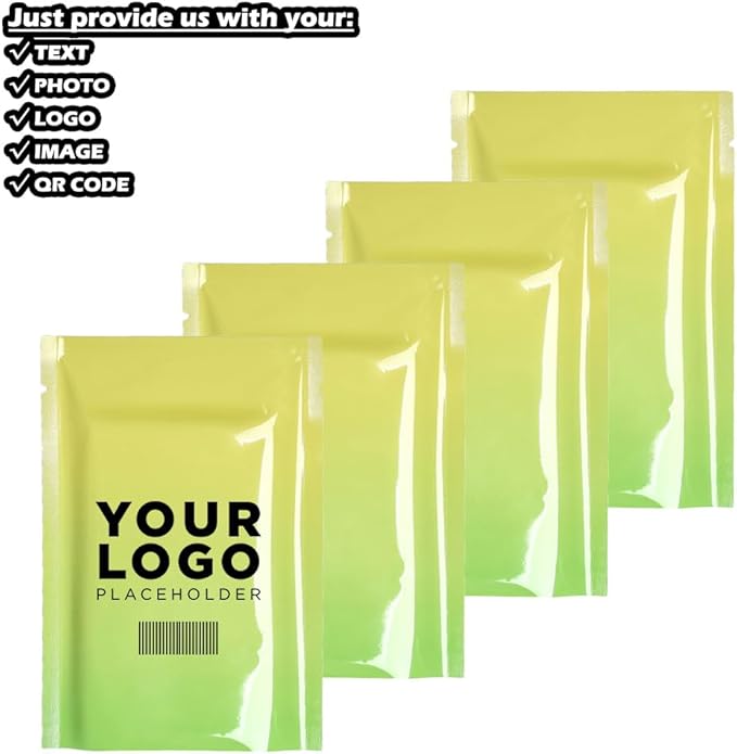 100 Pcs Custom Glossy Mini Mylar Bags, Custom Logo/Text/Barcode, Single Side One Color Print, Heat Seal Pouches with Tear Notches for Food, Small Business, Retail (Yellow Glossy, 10 * 15CM/4.0"*6.0")