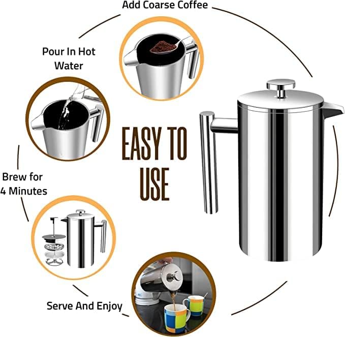 Utopia Kitchen French Press Coffee Maker, Double Wall Insulated Stainless Steel Coffee Press with 4-Level Filtration system, Includes 2 Extra Filters, Rust-Free, Dishwasher Safe (Silver, 17 Ounce)
