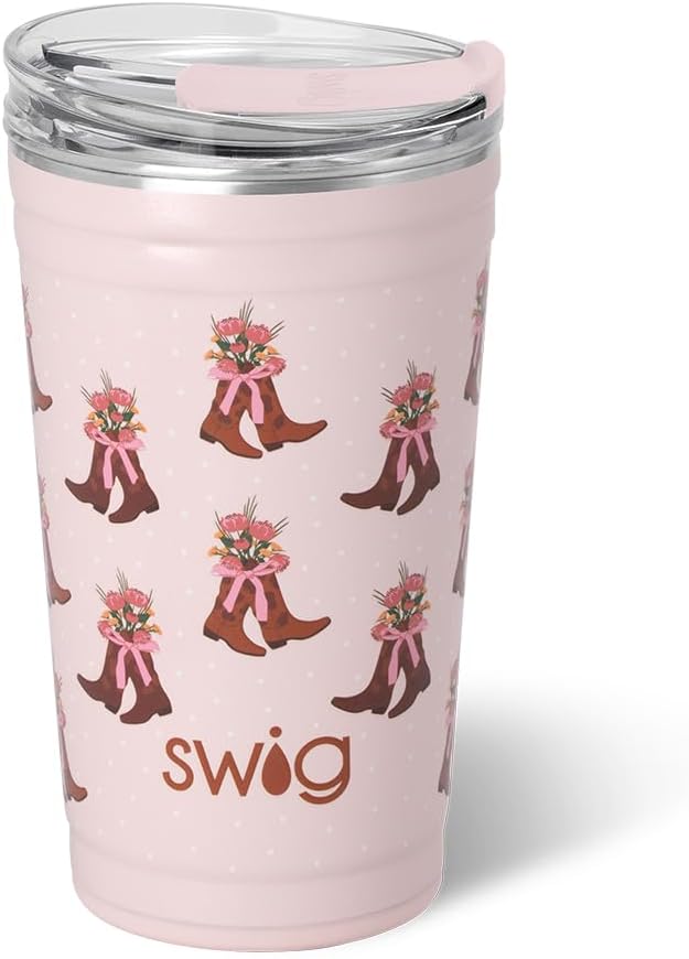 Swig Life 24oz Party Cup, Stackable Insulated Travel Coffee Tumbler with EZ Slider Lid, Cup Holder Friendly, Stainless Steel 24 oz Tumbler, Reusable Coffee Mug (Cowgirl Coquette)