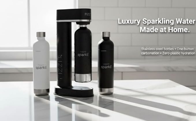 Fizzit Sparkli Carbonated Soda Maker with 1L Stainless Steel Bottle | Customizable Carbonation | Soda Streaming Fizzy Water Machine | Luxury Bubbles, Dishwasher Safe & Eco-Friendly Reusable Bottle