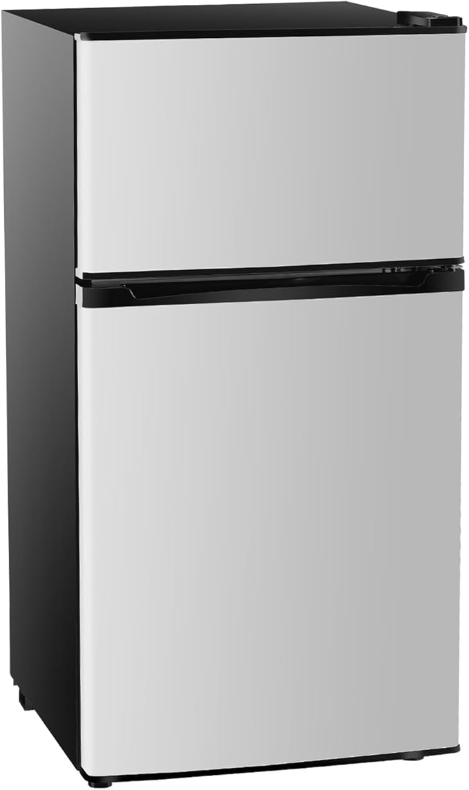 3.2 Cu.Ft Mini Fridge with Freezer, 2 Door Small Refrigerator with Adjustable Thermostat Energy-efficient Low Noise, Compact Fridge for Bedroom, Office, Dorm, Silver