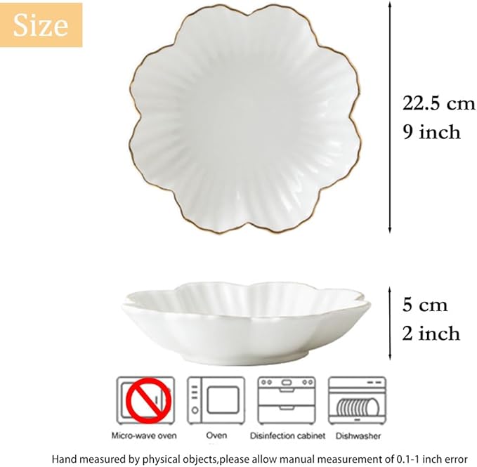 Porcelain Serving Dish,Ceramics Flower Relish Tray with Metallic Rim,Serving Bowls for Wedding,Party Perfect for Small Cereal, Pasta, Salad, Candy and Snacks White 9 inch