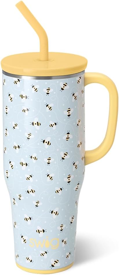 Swig Life 40oz Mega Mug, 40 oz Tumbler with Handle and Straw, Cup Holder Friendly, Dishwasher Safe, Extra Large Insulated Tumbler, Stainless Steel (Busy Bee)