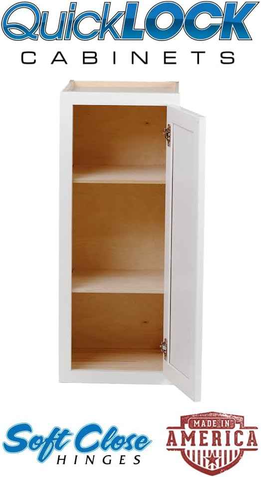 Quicklock RTA (Ready-to-Assemble) 42" Tall Wall Kitchen Cabinets - Shaker Style | 100% Hardwood | Made in America | Soft Close Hardware (Pure White, 12" D x 12" W x 42" H)