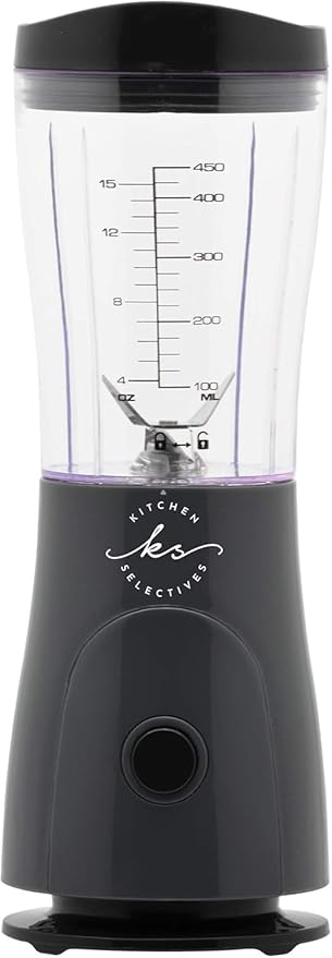 Kitchen Selectives 14-Ounce Mini Blender Color Series - Personal, Portable Blender for Fruit Smoothies & More - With Powerful Stainless Steel Blade & Drink Lid - Dark Gray