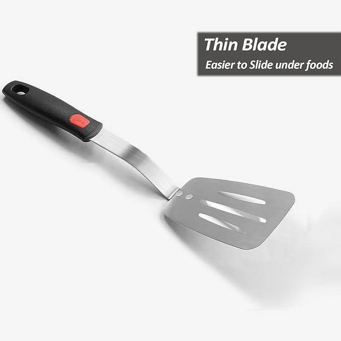 Stainless Steel Flexible Spatula Turner, VOVOLY Thin Metal Slotted Spatula for Cast Iron Skillet, Thin Blade and Heat Resistant Silicone Handle, Great for Egg, Cookie, Meat, Crep, Medium
