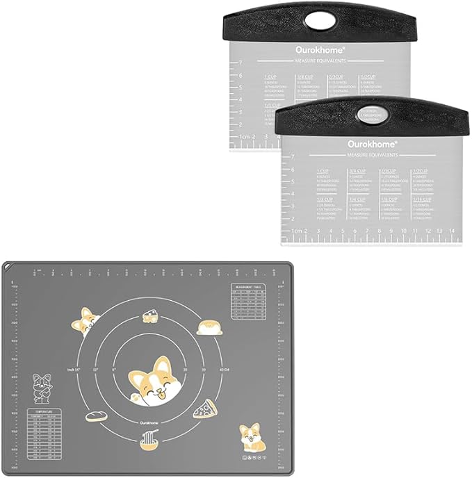 Silicone Baking Pastry Mat with Dough Cutter, Ourokhome Extra Thick Kneading Rolling mat with Measurement and Conversion Ourokhome Stainless Steel Pizza Cutter for Kitchen Baking