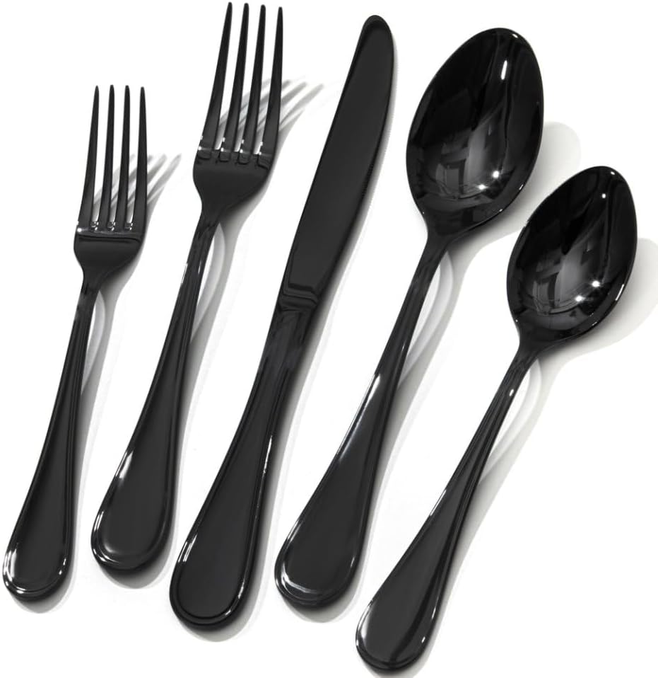 KINGSTONE 40 Piece Teardrop Silverware Set for 8, 18/10 Stainless Steel Flatware Set, Modern Design Cutlery Set for Home/Hotel/Wedding,Mirror Polished and Dishwasher Safe, Black