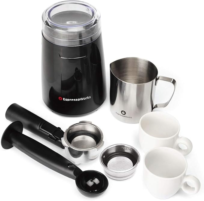 EspressoWorks All-In-One Espresso Machine with Milk Frother 7-Piece Set - Cappuccino Maker Includes Grinder, Frothing Pitcher, Cups, Spoon and Tamper - Coffee Gifts (Red)
